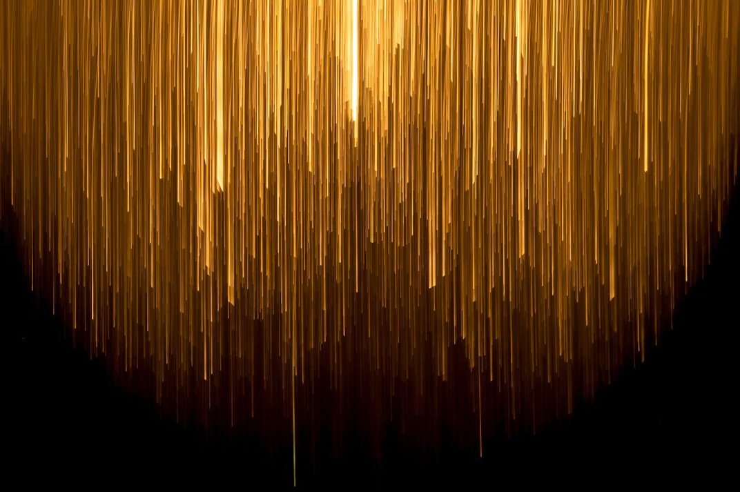 Overhead lighting grid with spotlights in a television studio